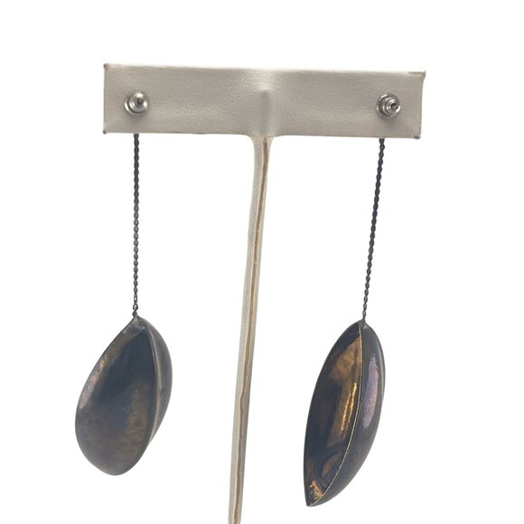 Vintage Style Long Dangle Earrings With Turquoise Studs & Bronze Leaf Design - Picture 5 of 9